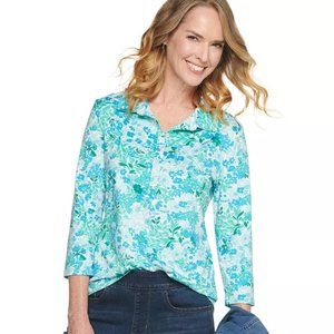 NWOT Pullover Top: Blue Floral, Stretch Jersey, 2/3-Sleeve, Quarter-Button